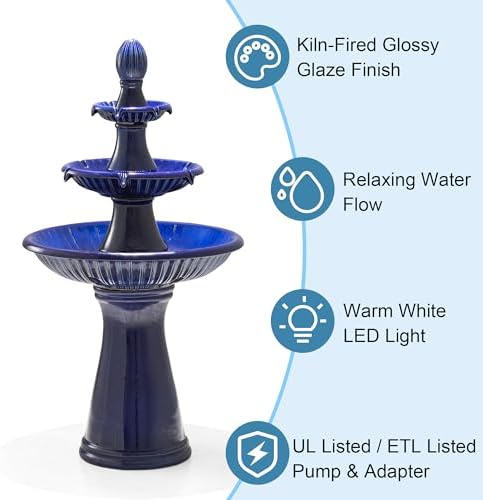 Glitzhome Water Fountain Outdoor Floor-Stand Fountain with LED Light & Pump Oversized 3 Tier Ceramic Cobalt Blue Patio Fountains and Waterfalls Outdoor Yard Fountains for Lawn Garden Backyard - Image 3