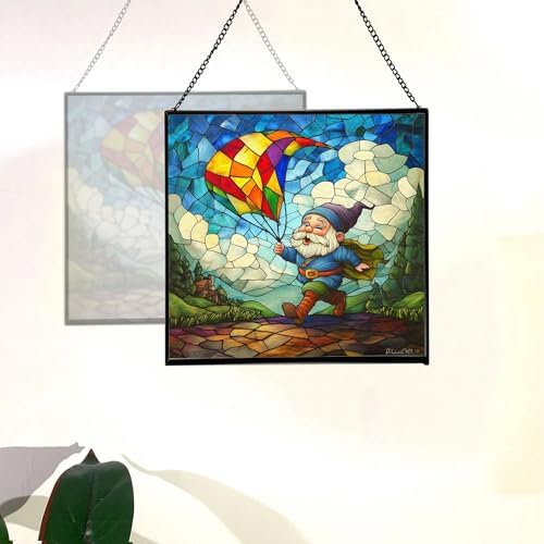 Gnome with Kite Flight Stained Glass Suncatcher – Square Hanging Window Panel for Home or Greenhouse – Whimsical Glass Art Gift for Garden Lovers, Christmas, Halloween, Father Days XEZq2D - Image 4