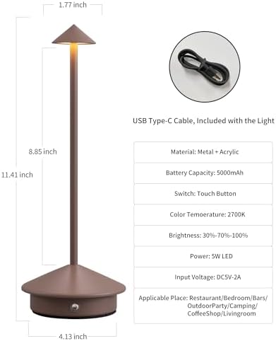 Modern Cordless Table Lamp Set of 2, Brown Portable LED Desk Lamps - Image 5