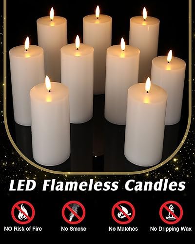 VIHOSE 9 Pack White Flameless Candles Set with Remote and Timer Flickering Flameless Battery Candles Flat Top LED Pillar for Wedding Outdoor Home Festival Decoration(D 3'' H 5'' 6'' 7'') - Image 3