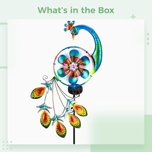 Solar Wind Spinner Peacock Windmill, Outdoor Metal Kinetic Art Wind Sculpture with Jewel Accents, Multicolor Decorative Peacock Stake Light for Lawn, Garden and Yard, Solar Garden Decor - Image 2
