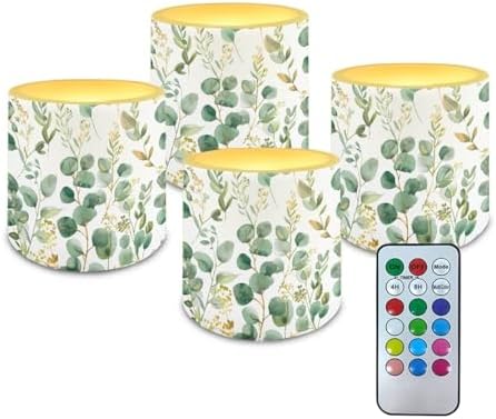 Flameless Candles Set of 4 Green Leaves LED Pillar Fake Candles Battery Operated with Remote (D:2.95" X H:2.87") for Backyard Parties Meditation Yoga Fireplace Decor by YUVAMAGIMO