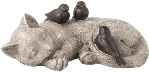 Sleeping Cat Garden Statues Outdoor - 12" Sparrows On Cat Figurine Memorial Statue Grave Markers Garden Resin Statues for Outdoor Decor Outdoor Statue Resin 12" x 8" x 4.5" - Image 5