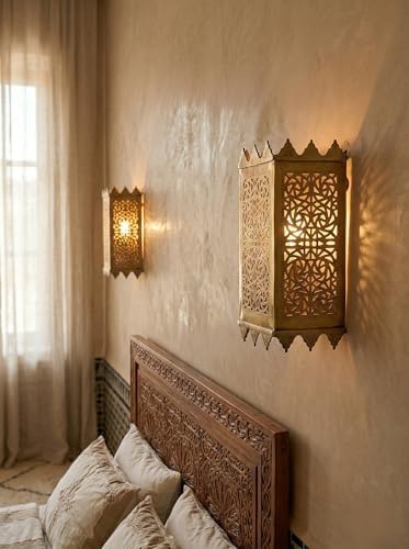 Set of 2 Moroccan Brass Wall Lamp Sconce Home Decor, Handmade Lighting Copper Metal Lights Turkish Lamp, Ramadan Candle Lantern, Candle Holder, Indoor Outdoor, Patio, Porch, Shelf, Garden (Tower) - Image 5