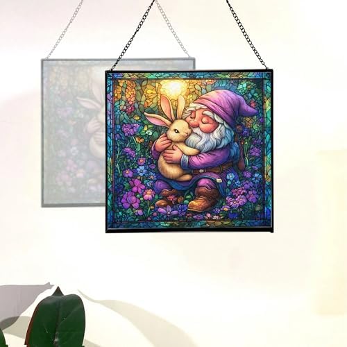 Bunny Friend Gnome Stained Glass Suncatcher – Square Hanging Window Panel for Home or Greenhouse – Whimsical Glass Art Gift for Garden Lovers, Christmas, Halloween, Father Days Yzi8g9 - Image 4