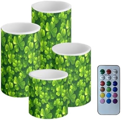 Green Leaves Flameless LED Candles with Remote and Timers Shamrocks Flickering Battery Operated Candles Waterproof Flameless Pillar Lights for St Patricks Day Decoration by Merkmak