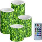 Green Leaves Flameless LED Candles with Remote and Timers Shamrocks Flickering Battery Operated Candles Waterproof Flameless Pillar Lights for St Patricks Day Decoration by Merkmak