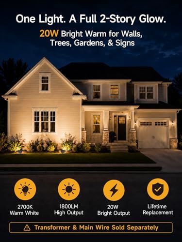Gardenreet 12V LED Landscape Flood Lights, 20W Low Voltage Wall Wash Lights 1800LM Each, 2700K Warm White IP65 Aluminum Floodlights, Angle Adjustable Wide Beam for Tree, Wall, Yard, 4 Pack - Image 2