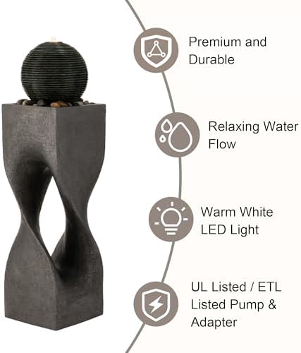Glitzhome Outdoor Water Fountain, 36.5" H Polyresin Outdoor Fountain with Pebbles, Pump and LED Light, Modern Geometric Pedestal and Sphere Garden Fountain Waterfall for Patio, Backyard, Porch, Deck - Image 4