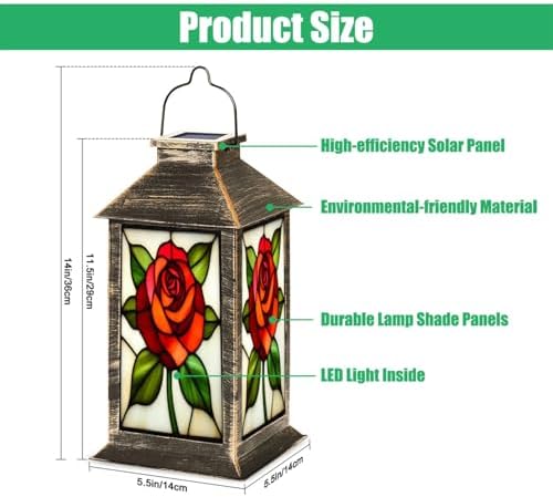 Solar Lantern Rose Floral Stained Glass Night Light Petals Outdoor Garden Hanging Lantern Waterproof Solar Powered Lighting Outside Table Lamp for Deck Yard Camping Patio Decor - Image 2