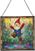 Raindrop Dance Gnome Stained Glass Suncatcher – Square Hanging Window Panel for Home or Greenhouse – Whimsical Glass Art Gift for Garden Lovers, Christmas, Halloween, Father Days 5CgFwp by Custom