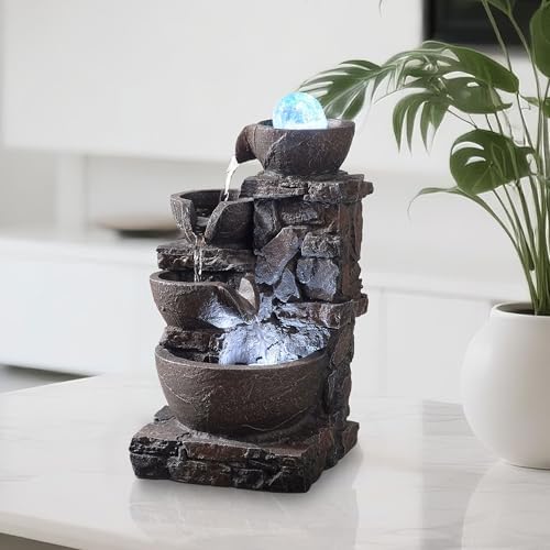Indoor Tabletop Fountain with 4-Tier Stone Bowls, Rolling Crystal Ball & LED Lights – Tranquil Waterfall Decor for Home, Office or Zen Space (23066) - Image 5
