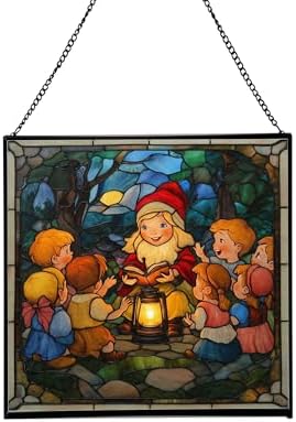 Gnome Storyteller Stained Glass Suncatcher – Square Hanging Window Panel for Home, Garden, Nursery, Halloween, Christmas, Memorial Day – Whimsical Glass Art Gift for Gnome Lovers fnnzk7 by Custom