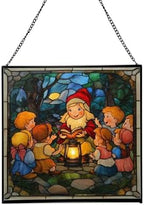 Gnome Storyteller Stained Glass Suncatcher – Square Hanging Window Panel for Home, Garden, Nursery, Halloween, Christmas, Memorial Day – Whimsical Glass Art Gift for Gnome Lovers fnnzk7 by Custom