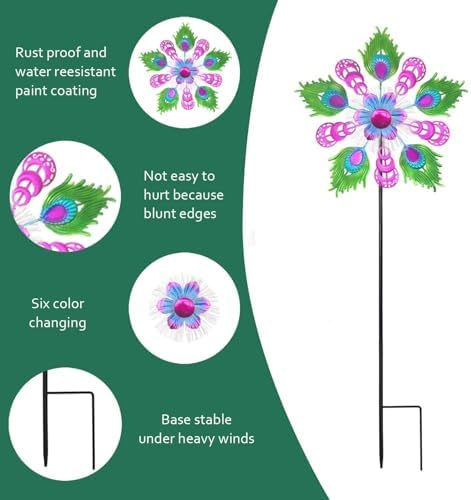 Solar Peacock Wind Spinners for Yard and Garden, 40 Inch Solar Windmill Garden Whirligig Kinetic Spinners Decor for Lawn,Patio&Yard, Metal Whirligigs Purple Wind Spinners Outdoor - Image 3