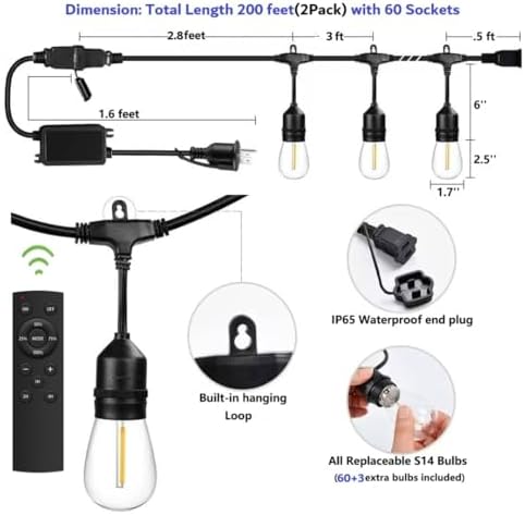 Remote Control Outdoor String Lights 200FT for Outside Patio Lights Waterproof with 63 Replaceable S14 Bulbs for Bistro Pergola Porch Backyard Dimmable, 2200K, Linkable, Hooks, Zip Ties included - Image 2