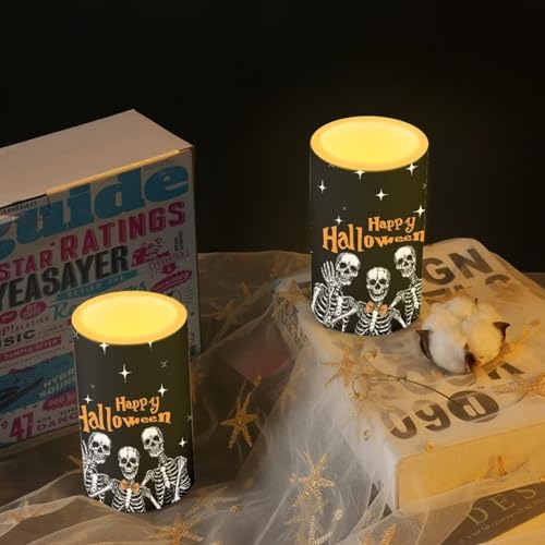 Flameless Candles with Remote Battery Operated Candles with Timer Outdoor Lanterns Happy Halloween Skeleton Flameless Pillar Lights for Trick or Treat Party Decoration - Image 6