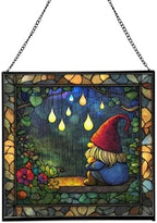 Gnome in Rainy Window Stained Glass Suncatcher – Square Hanging Window Panel for Home or Greenhouse – Whimsical Glass Art Gift for Garden Lovers, Christmas, Halloween, Father Days C6Ziju by Custom