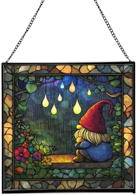 Gnome in Rainy Window Stained Glass Suncatcher – Square Hanging Window Panel for Home or Greenhouse – Whimsical Glass Art Gift for Garden Lovers, Christmas, Halloween, Father Days C6Ziju by Custom