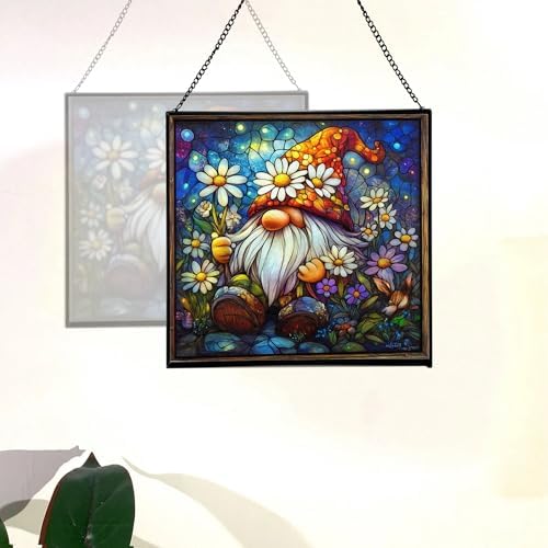 Daisy Crown Gnome Stained Glass Suncatcher – Square Hanging Window Panel for Home or Greenhouse – Whimsical Glass Art Gift for Garden Lovers, Christmas, Halloween, Father Days jgOO6e - Image 4