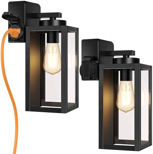 BesLowe Porch Lights with Outlet, Modern Outdoor Wall Light Fixtures, Black by BringYourBrightFuture
