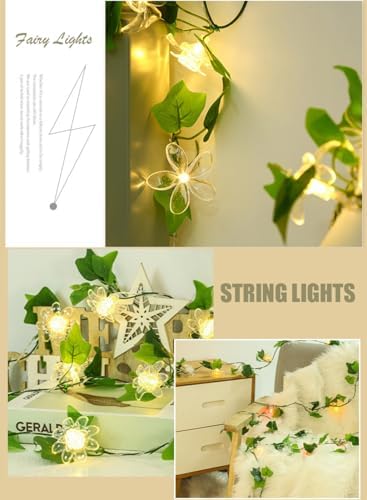 Artificial Flower Vine String Lights With Green Leaves Decor|Led Copper Wire Fairy Lights|Romantic Artificial Plants Ambiance Lamps For Party Christmas Bedroom,A-Warm White,5m(16.4ft)-50LED-USB - Image 6