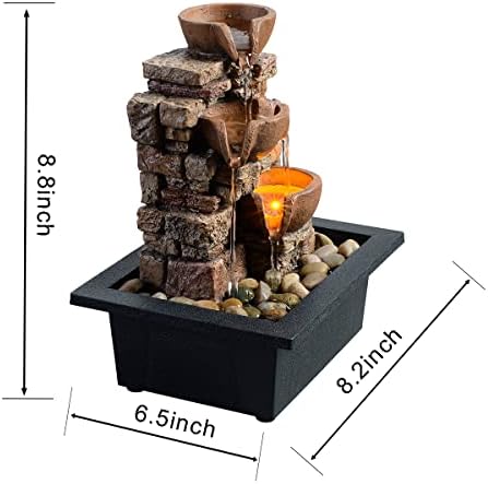 Haobos Indoor Tabletop Fountain 3-Tier Rockery Relaxation, Soothing Sound Home/Office/Bed Room Decor,Gifts for Mom/Grandma Relaxing Waterfall Meditation Tabletop Fountain LED Lights - Image 2