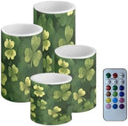 St Patrick's Day Flameless Candles with Remote and Timers Set of 4 Green Shamrocks Flickering Battery Operated Candles for Hotel Restaurant Flameless LED Pillar Lights by Merkmak