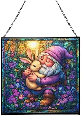 Bunny Friend Gnome Stained Glass Suncatcher – Square Hanging Window Panel for Home or Greenhouse – Whimsical Glass Art Gift for Garden Lovers, Christmas, Halloween, Father Days Yzi8g9 by Custom