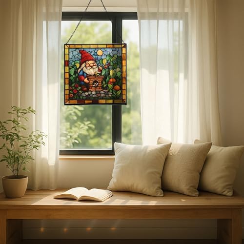 Gnome with Insect Hotel Stained Glass Suncatcher – Square Hanging Window Panel for Home, Garden, Nursery, Halloween, Christmas, Memorial Day – Whimsical Glass Art Gift for Gnome Lovers zyi931 - Image 7