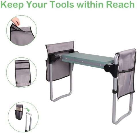Garden Kneeler and Seat, 2024 Upgraded Foldable Heavy Duty Kneeling Bench with 2 Tool Bags and Soft EVA Foam Pad for Senior, Green - Image 5
