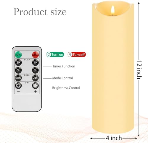 12" Tall Flameless Candles, Waterproof LED Pillar Candles with Remote Timer - Image 2