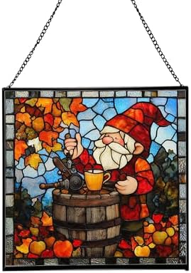 Gnome with Apple Cider Stained Glass Suncatcher – Square Hanging Window Panel for Home, Garden, Nursery, Halloween, Christmas, Memorial Day – Whimsical Glass Art Gift for Gnome Lovers sytleu by Custom