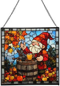 Gnome with Apple Cider Stained Glass Suncatcher – Square Hanging Window Panel for Home, Garden, Nursery, Halloween, Christmas, Memorial Day – Whimsical Glass Art Gift for Gnome Lovers sytleu by Custom