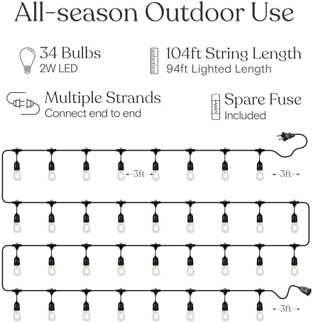 Brightech Ambience Pro 105Ft LED String Lights - 2W Commercial Grade Patio Lighting Outdoor Waterproof - Heavy Duty Dimmable Vintage Edison Porch Lights for Outside, Backyard - 34 Bulbs, Soft White - Image 5
