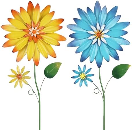 YEAHOME Garden Decor for Outside, 35.4“ Set of 2 Metal Flowers Decorative Garden Stakes for Spring Decor, Yard Art Flower Stakes for Outdoor Lawn Backyard Porch Garden Decorations (Yellow, Blue) by YEAHOME