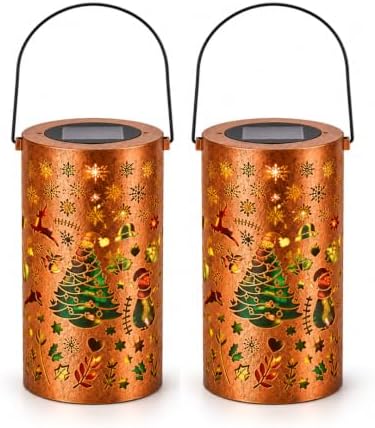 Solar Christmas Lanterns Outdoor 2 Pack, Multicolor Hanging Metal Lights by LightUpYourHalloween