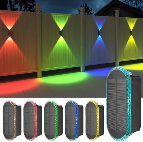Ellasay Solar Fence Lights Backyark: 6-Pack Fence Lights Solar Powered 8 WRGB Color Modes - Up & Down Waterproof Solar Wall Lights for Outdoor/Yard/Poolside/Porch/Patio/Railing by ELLASAY