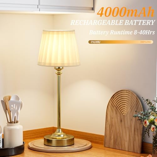 Cordless Table Lamps Rechargeable Set - 2 Pack Gold 4000mAH Battery Operated Lamps for Decor, 3000K Stepless Dimming Touch Wireless Lamp for Bedroom, Dining Table, Living Room, White Pleated Shade - Image 5