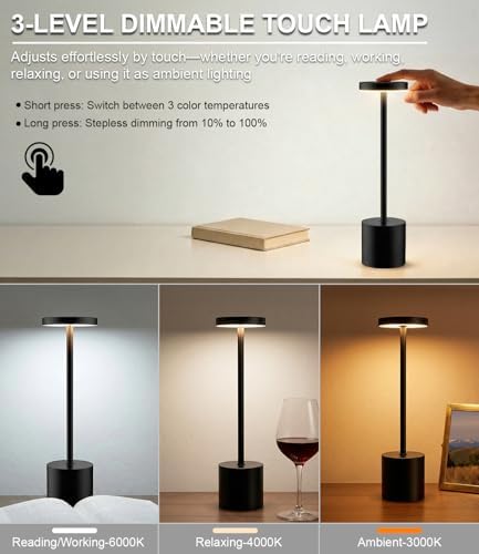 Swinerton Black Cordless Table Lamp, Rechargeable 5000mAh Battery Powered Wireless Table Light, 3 Color Dimmable Lighting, Patio Outdoor Table Lamp, Bedside Night Lamp, Ambient Light for Dining - Image 3