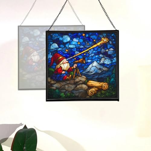 Gnome Stargazing Stained Glass Suncatcher – Square Hanging Window Panel for Home, Garden, Nursery, Halloween, Christmas, Memorial Day – Whimsical Glass Art Gift for Gnome Lovers pdylcp - Image 4