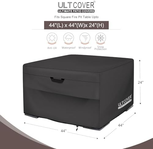 ULTCOVER Waterproof Square Patio Fire Pit Table Cover 44 inch, Black - Image 2