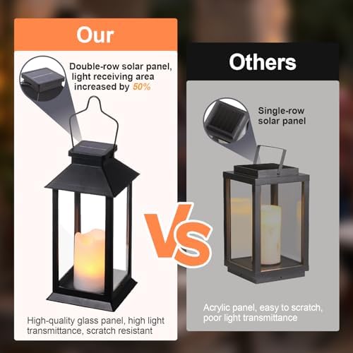 Tomshine 2 Pack Solar Flame Lanterns Outdoor Weatherproof, Hanging Black Rust-Proof Solar Lantern with Tempered Glass Shade, Flickering Flameless Candles for Patio Garden Decor - Image 3