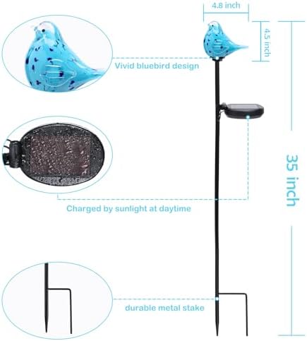Afirst Solar Garden Lights, Hand-Blown Glass Bluebird Outdoor Garden Decor - Image 4