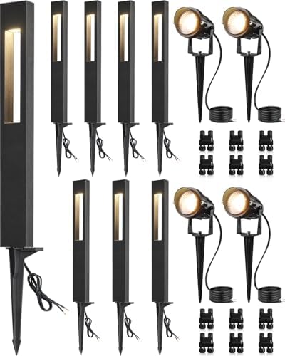 SUNVIE 12-Pack Low Voltage Pathway Lights Wired with Spotlights LED Outdoor Landscape Lighting Kit for Path, Garden, Yard, Patio, Cast-Aluminum, IP65 Waterproof, 12-24V AC/DC, 3000K Warm White, Black by SUNVIE