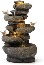 Glitzhome Natural 5-Tiered Stacked Stone Polyresin Outdoor Fountain with Birds, Pump and LED Light, 23''H by Glitzhome