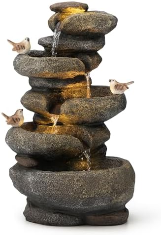 Glitzhome Natural 5-Tiered Stacked Stone Polyresin Outdoor Fountain with Birds, Pump and LED Light, 23''H by Glitzhome