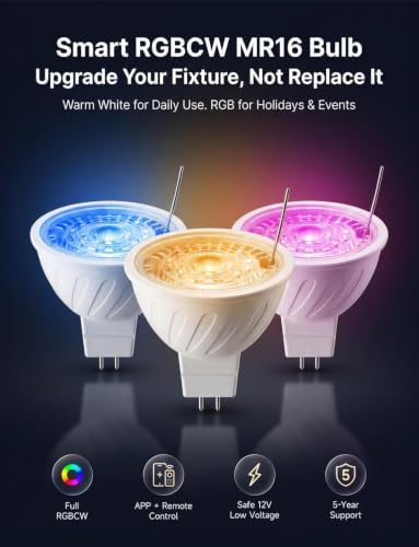 Gardenreet RGBCW MR16 LED Bulb, 12V Low Voltage Dimmable Halogen Replacement for Outdoor Landscape Lighting & Indoor Accent, Color Changing & Warm White, 5W GU5.3 Bi-Pin, Bluetooth Mesh 65ft, 6 Pack - Image 2