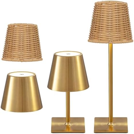 Waterproof Outdoor Rechargeable Cordless Set of 2 Table Lamp with Wicker Shade, Battery Operated Portable Table Light with Adjustable Height Pole, for Patio Restaurant Kitchen (Gold 2 Pack) by Unknown
