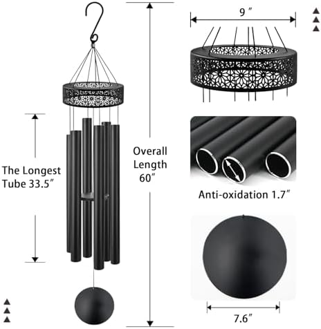 ASTARIN 60'' Deep Tone Wind Chimes for Outside -Extra Large Windchimes with 6 Heavy Tubes, Memorial Wind Chimes Outdoor for Garden Hanging Décor,Sympathy Gifts, Black - Image 2